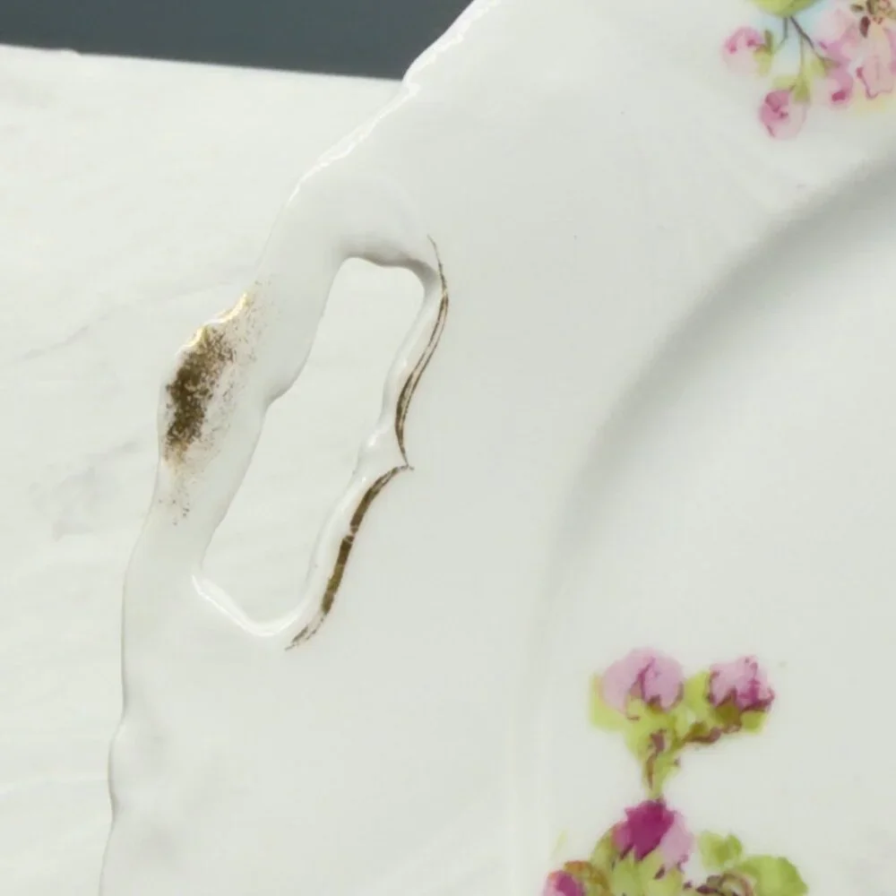 Vintage Porcelain Cake Plate Open Handles Pink White Roses Hand Painted Cottage